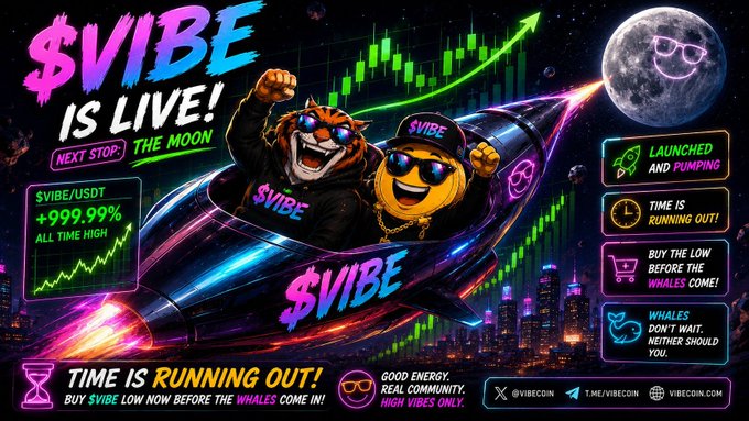 A vibrant promotional graphic for '$VIBE IS LIVE!' featuring a tiger and a character in sunglasses riding a rocket, with text claiming '$VIBE/USDT +999.99% ALL TIME HIGH', 'LAUNCHED AND PUMPING', and 'TIME IS RUNNING OUT!'.
