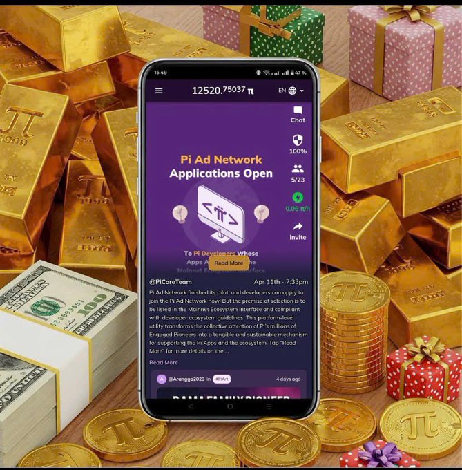 A smartphone displays the Pi Ad Network application showing a balance of 12,520.75037 π and an article titled "Pi Ad Network Applications Open" dated Apr 11th, 7:33pm, with surrounding gold Pi-themed coins, stacks of $100 bills, and gift boxes symbolizing the rewards and financial opportunities from Pi Network's launchpad token distributions like SLICE.