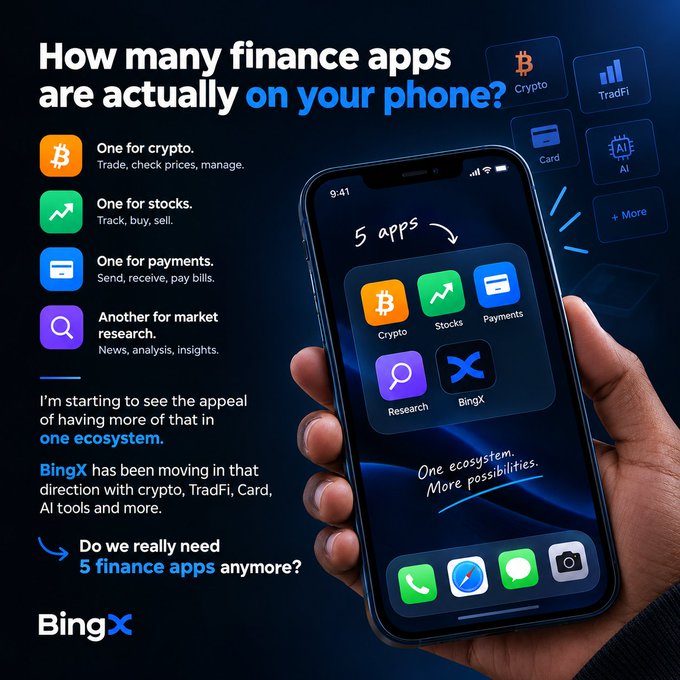 A BingX advertisement asking "How many finance apps are actually on your phone?" showing a hand holding a smartphone displaying 5 app icons: Crypto, Stocks, Payments, Research, and BingX.