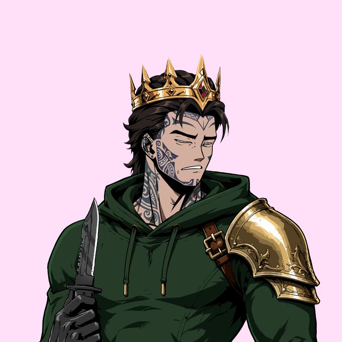 An anime-style illustration of a male character wearing a gold crown, green hoodie, and gold shoulder armor, with intricate face and neck tattoos, holding a knife.