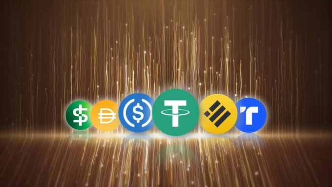 A digital artwork showing cryptocurrency logos (USDC, DAI, USDC, Tether, BNB, and another token) arranged in a row against a dark background with golden sparkles streaming down.