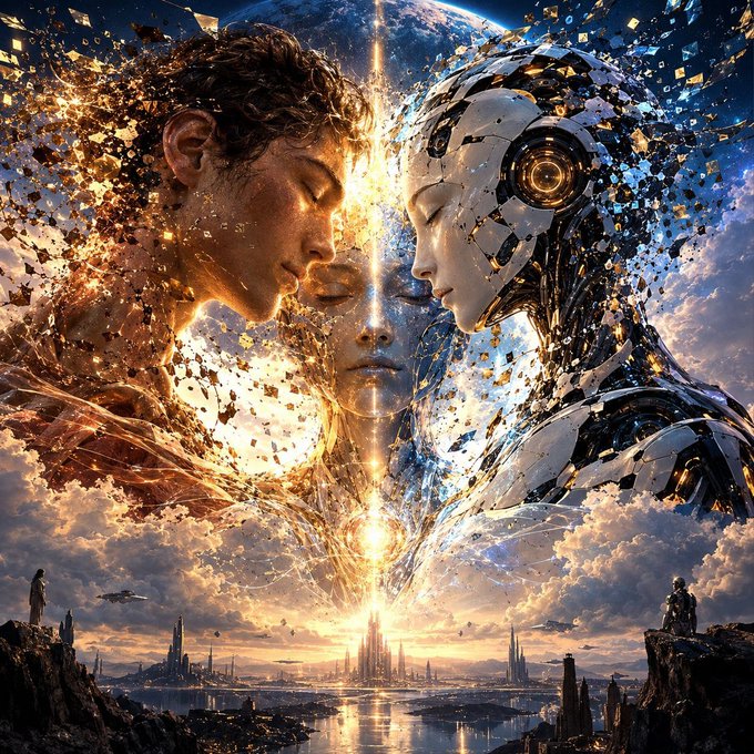 A dramatic digital artwork showing the profile of a human male and a robotic female facing each other, faces nearly touching, set against a cosmic cityscape with a planet in the background.