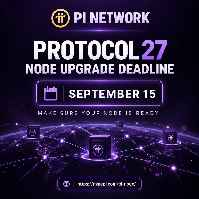 The graphic is a purple-themed Pi Network announcement displaying "PROTOCOL 27" with a "NODE UPGRADE DEADLINE" of "SEPTEMBER 15," urging Pi Node operators to ensure their nodes are ready before the deadline, with the link https://minepi.com/pi-node/ shown at the bottom. The image visually reinforces the post's reminder by featuring interconnected Pi Node icons across a globe, symbolizing the global network that needs to be upgraded by tomorrow's cutoff.