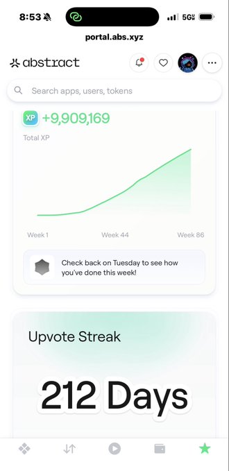 A screenshot of the Abstract portal (portal.abs.xyz) dashboard shows a user with 9,909,169 total XP and an impressive 212-day upvote streak. The upward-trending green XP curve across weeks 1-86 visually reinforces the post's claim of consistent, long-term engagement and growth on the Abstract Chain.