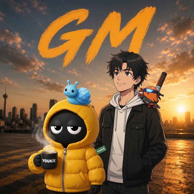 An anime-style illustration features a young man standing next to a black character in a yellow puffy jacket labeled 'YOUKIE' who holds a coffee cup, with 'GM' written in large orange brushstrokes against a sunset cityscape.
