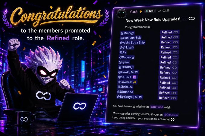Discord announcement graphic titled 'Congratulations to the members promoted to the Refined role,' listing promoted members including @Mimorgs, @Hun-Jun-Suk, @Aish | Ethra Ship, @Lisa, @Jia, @DoLuong, @iyemi, @TOROO_1, @Hawk | MUM, @SABINA, @Loveress, @Shabalee, @Khusboo, and @Byakuya | MUM, posted by flash at 02:28.