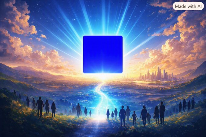 A digital illustration marked 'Made with AI' shows silhouetted figures on a grassy landscape gazing up at a glowing blue cube that radiates beams of light over a river and distant city skyline.