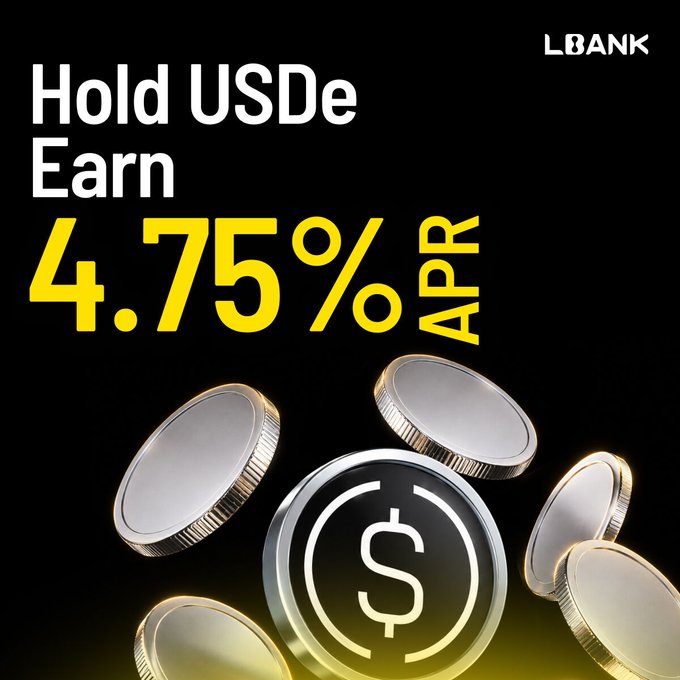 The image is a black promotional graphic from LBank highlighting a 4.75% APR yield promotion for holding USDe, featuring floating silver and gold coins with a central dollar symbol. It visually reinforces the post's announcement of the increased interest rate, with the bold "Hold USDe Earn 4.75% APR" text and LBank logo tying the campaign together.