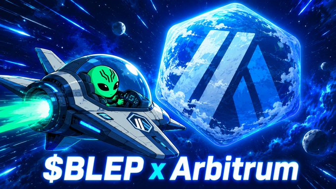 A promotional graphic featuring an animated green alien piloting a spaceship next to the Arbitrum logo, with text reading '$BLEP x Arbitrum' against a cosmic blue background.