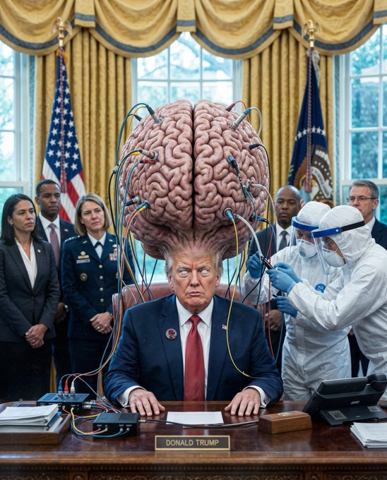A surreal AI-generated image depicting a figure resembling him in the Oval Office with an oversized exposed brain attached, being examined by people in hazmat gear.