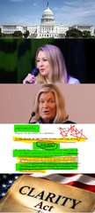 The image is a social media post collage featuring the U.S. Capitol dome at the top, a screenshot of a woman speaking (likely Eleanor Terrett based on the caption), highlighted text from the CLARITY Act bill in green and yellow markings, and the CLARITY Act document at the bottom—visually reinforcing the post's message about the revised version of the CLARITY Act bill being circulated during the August recess negotiations.
