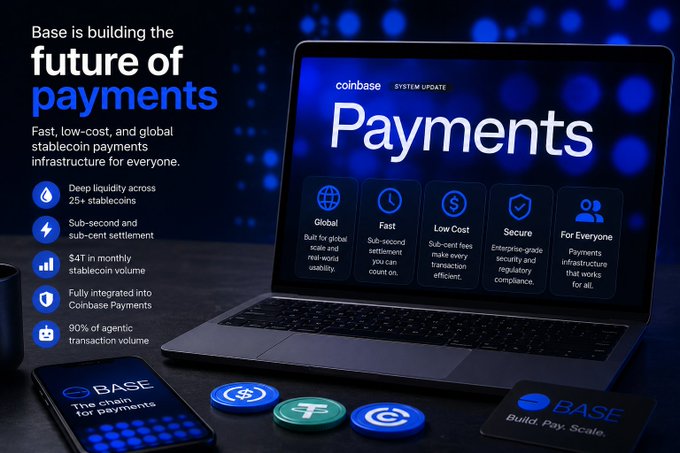 The image shows a laptop computer with a payment system displayed on its screen. It features a list of stablecoins, which are digital tokens that can be used for transactions within an ecosystem called Base. The stability coins have been listed out along with their respective characteristics such as liquidity and transaction costs. This information is presented in a visually appealing manner to help users understand the benefits and usage of these stablecoins.