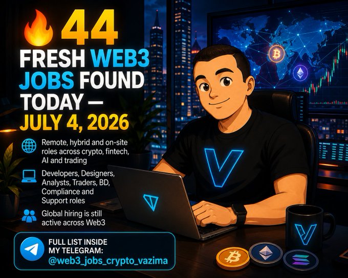 A cartoon illustration of a developer working on a laptop in a high-tech office with crypto and Web3 visuals, promoting a Telegram post that lists 44 fresh Web3 jobs found on July 4, 2026, including roles like Financial Crime & AML Compliance Expert and Software Engineers. The ad highlights remote, hybrid, and on-site opportunities across crypto, fintech, AI, and trading, with a Telegram handle "@web3_jobs_crypto_vazima."