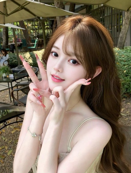 Portrait of a young Asian woman with long brown hair and bangs posing with a peace sign, wearing long decorated nails and a delicate bracelet, photographed outdoors at what appears to be a cafe with greenery and umbrellas in the background.