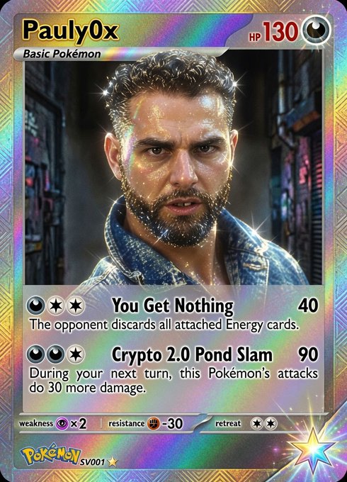 A custom holographic Pokémon trading card titled 'Pauly0x' with 130 HP, featuring attacks 'You Get Nothing' and 'Crypto 2.0 Pond Slam,' and displaying the code 'SV001'.