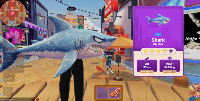 A screenshot from a video game shows a player holding a large shark, with an info panel on the right indicating it is an Epic 'Shark' (Big Fish) measuring 177 cm and weighing 36838 g.