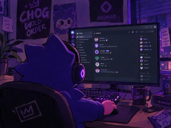 An anime-style illustration of a purple cat-like character wearing headphones, sitting at a desk with a Discord server open on the monitor. Posters on the wall read 'CHOG HOLD ORDER' and 'MONAD', with handwritten notes like 'Build Chog <3' and 'Butter Chog Trigger Dreams MSG' visible around the purple-lit room.