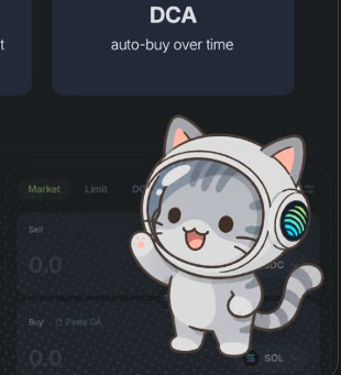 A cartoon cat in a space helmet overlaid on what appears to be a DCA (auto-buy over time) cryptocurrency trading interface.