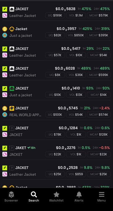A cryptocurrency app interface displaying various 'JACKET' tokens and NFTs with prices, 1-hour and 24-hour percentage changes, and metrics like liquidity (LIQ), volume (VOI), and market cap (MCAP).