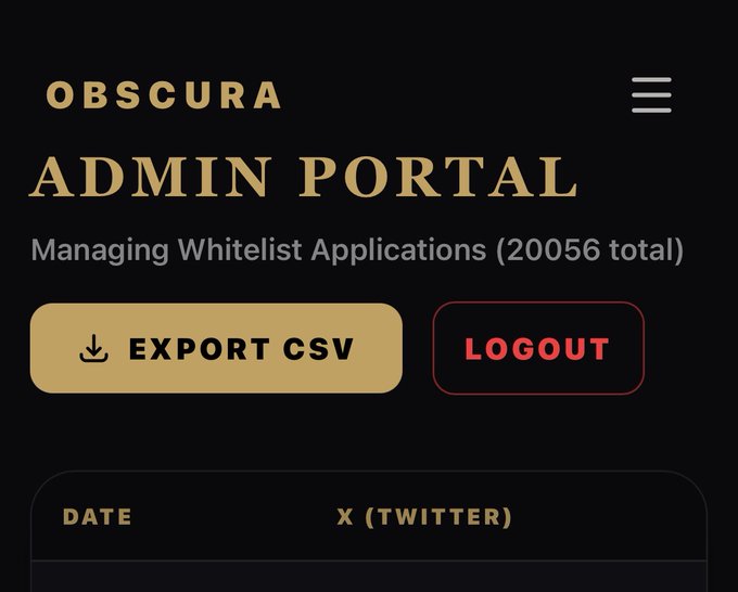 The image shows the "Obscura Admin Portal" interface managing 20,056 whitelist applications, featuring "EXPORT CSV" and "LOGOUT" buttons, visually confirming the post's claim of reaching over 20,000 applications within 13 hours.