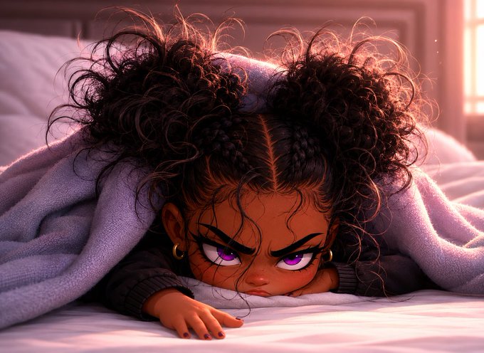 A stylized illustration of an angry-looking young girl with dark curly hair styled in two puffs and striking purple eyes, lying on her stomach on a bed with a purple blanket.