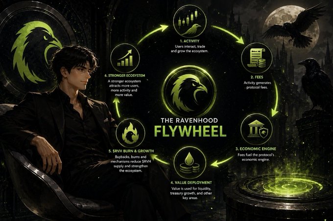 A dark, stylized infographic titled "The Ravenhood Flywheel" illustrates a six-step cyclical economic model for $RVHProtocol, featuring a suited figure seated beside a raven-themed emblem and glowing green icons connected by arrows. The steps shown are: 1) Activity (users interact, trade and grow the ecosystem), 2) Fees (activity generates protocol fees), 3) Economic Engine (fees fuel the protocol's economic engine), 4) Value Deployment (value is used for liquidity, treasury growth, and other key areas), 5) $RVH Burn & Growth (buybacks, burns and mechanisms reduce $RVH supply and strengthen the ecosystem), and 6) Stronger Ecosystem (a stronger ecosystem attracts more users, more activity and more value).