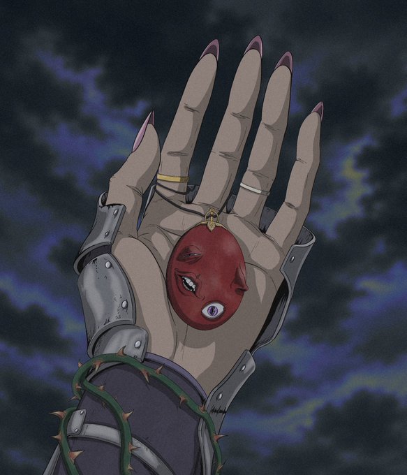 An illustrated artwork showing a hand in metal armor holding a small red mask-like face with eyes, with a thorny vine wrapping around the wrist against a cloudy sky background.