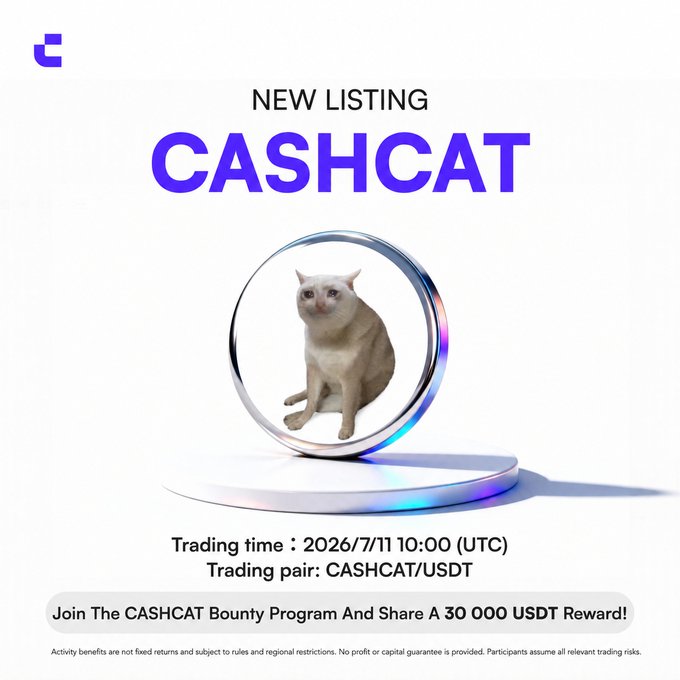 This image announces the new listing of CASHCAT, with trading starting on 2026/7/11 at 10:00 (UTC) and a trading pair of CASHCAT/USDT. It also highlights a CASHCAT Bounty Program offering a share of 30,000 USDT rewards.