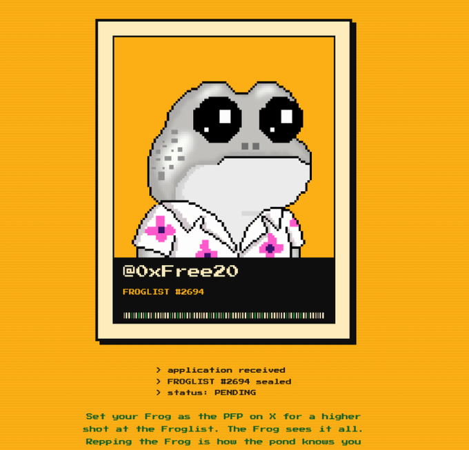 A pixel-art trading card of a gray frog wearing a Hawaiian shirt labeled "@OxFree20" and "FROGLIST #2694," promoting a free mint for the ZecFrogs NFT collection on Zcash, with text below confirming "application received," "FROGLIST #2694 sealed," and "status: PENDING," tying directly to the post's announcement of the upcoming 6,969-frog collection and free mint registration at zecfrogs.xyz.