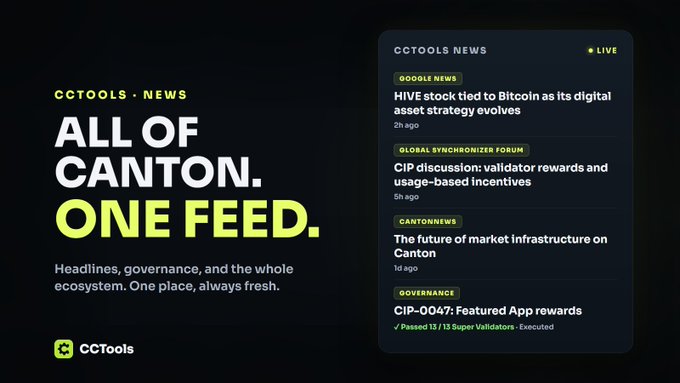 A dark promotional graphic for CCTools News features the headline "ALL OF CANTON. ONE FEED." alongside a news ticker displaying headlines including "HIVE stock tied to Bitcoin as its digital asset strategy evolves" and "CIP-0047: Featured App rewards." The image reinforces the post's message by showcasing a unified, real-time news feed covering Canton-related headlines, governance updates, and ecosystem news in one place.