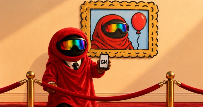 A 3D-rendered figure wearing a red hooded outfit and rainbow-reflective goggles, holding a phone labeled 'GM' while standing in front of a framed portrait of itself holding a red balloon.