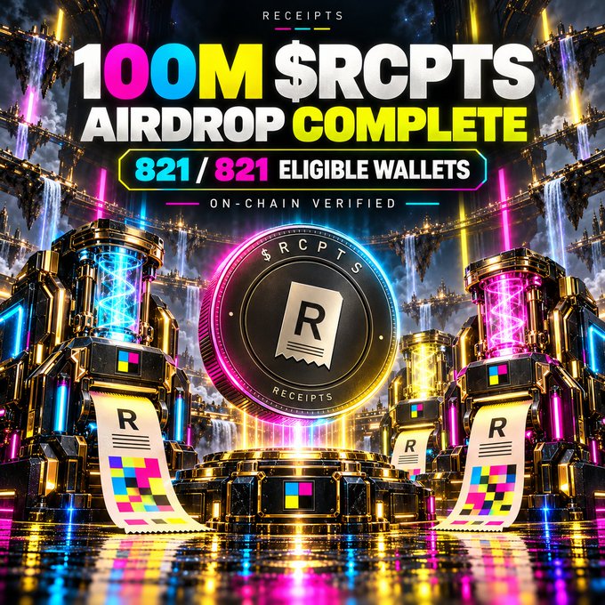 A promotional graphic celebrating the completion of the '$RCPIPIA AIRDROP' with the headline '100M $RCPIPIA AIRDROP COMPLETE' showing '821/821 ELIGIBLE WALLETS' marked as 'ON-CHAIN VERIFIED'. The image features a central $R token coin surrounded by futuristic sci-fi cityscape elements with neon lights, waterfalls, and multiple receipt-style tickets with colorful CMYK squares.