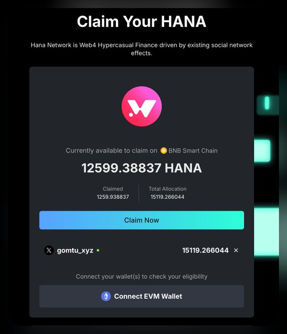 Dark-themed mobile interface titled 'Claim Your HANA' from Hana Network (described as Web4 Hypercasual Finance), showing 12599.38837 HANA available to claim on BNB Smart Chain with options to 'Claim Now' or 'Connect EVM Wallet'.