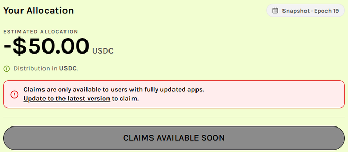 A user is shown an allocation of -$50.00 USDC (negative amount) for Epoch 19 of the Grass S2 airdrop, with claims unavailable until the app is updated. The negative value and payment-in-USDC structure support the post's criticism that contributors may actually lose money rather than benefit from holding the $GRASS token.