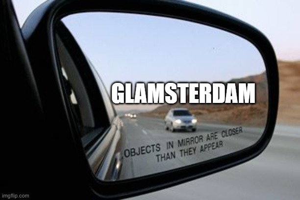 A 'Glamsterdam' meme using the classic 'Objects in mirror are closer than they appear' side mirror image template, suggesting Glamsterdam is approaching for Ethereum.