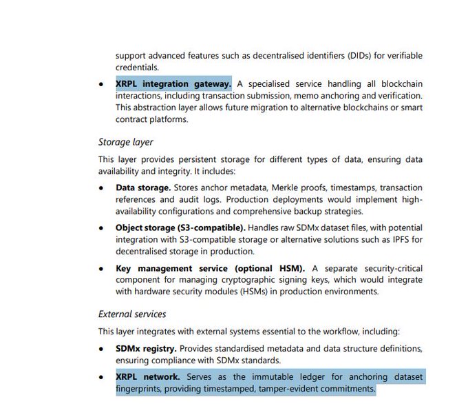 A technical document describes a storage layer architecture, highlighting the 'XRPL integration gateway' and 'XRPL network' sections in blue, covering components like Data storage, Object storage, and Key management service.