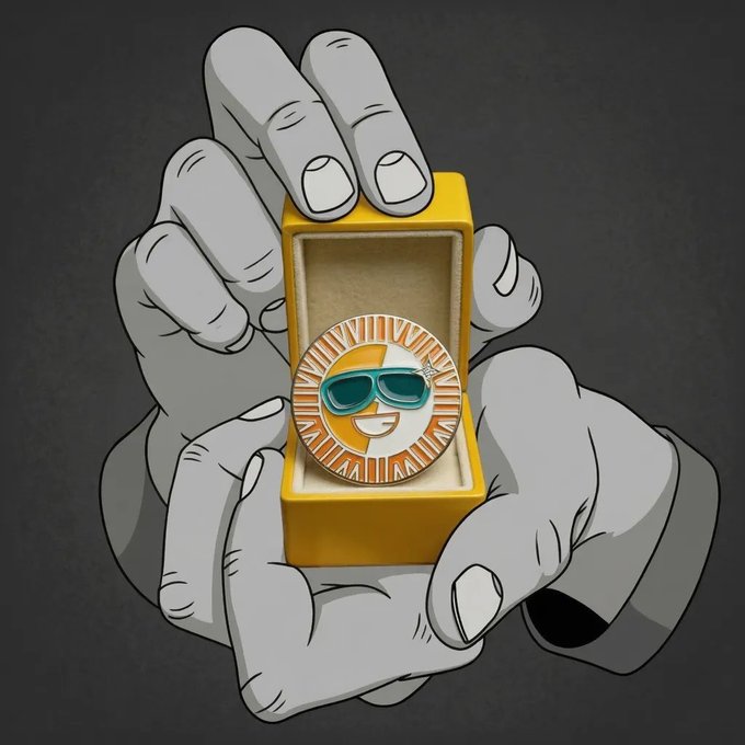 A pair of cartoon hands carefully presents a yellow box containing a SUN.io branded coin featuring a smiling sun wearing sunglasses, symbolizing the platform's role in securely delivering valuable DeFi utilities.