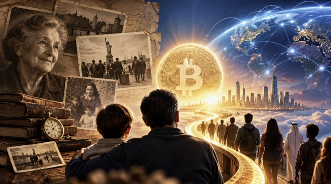 The image is a richly symbolic digital artwork featuring an elderly woman surrounded by vintage family photographs, old books, and a pocket watch on the left side, transitioning into a luminous golden Bitcoin emblem, a glowing cityscape, and a global network of interconnected figures walking toward a bright horizon—evoking themes of heritage, generational wisdom, and the transformative promise of Bitcoin for all. The Bitcoin "₿" symbol is prominently displayed at the center, visually anchoring the post's heartfelt gratitude for "Bitcoin is for Everyone" and the meaningful personal connection made between family histories and the book's lessons.