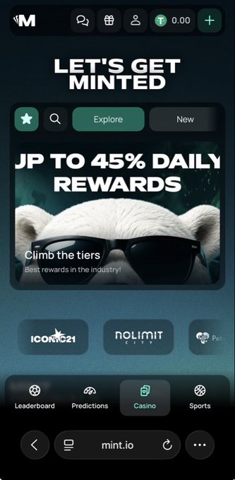 A mobile screenshot of the mint.io website displaying "LET'S GET MINTED" and "UP TO 45% DAILY REWARDS" with a polar bear wearing sunglasses, along with navigation options for Leaderboard, Predictions, Casino, and Sports.