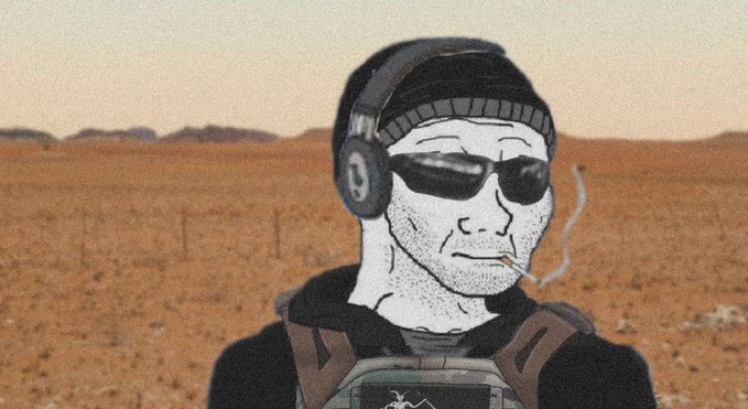 A stylized illustration of a wojak (a popular internet meme character) wearing sunglasses, a beanie, and headphones, smoking a cigarette in a desert landscape.
