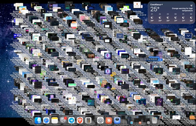 A computer desktop screen is completely overwhelmed by hundreds of overlapping open windows titled 'Screenshot' or 'Screen Shot', obscuring a starry background wallpaper.