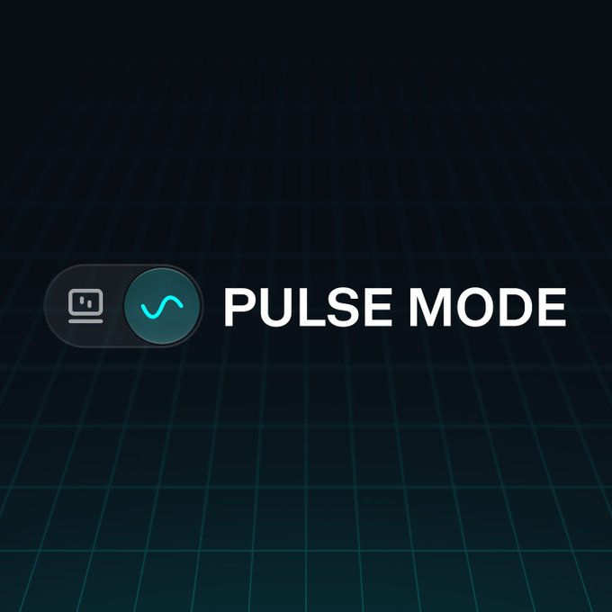 The image displays "PULSE MODE" in bold white text next to a dark toggle switch icon with a teal wave symbol, set against a dark grid-patterned background. The toggle design visually represents the "Pulse Mode: ON" activation mentioned in the caption, signaling Coinbase Wallet's new simplified live view for trading perpetuals.