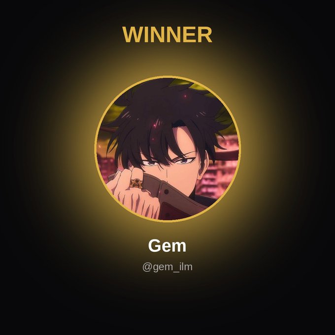 A celebratory "WINNER" graphic featuring an anime character in a circular frame, naming "Gem" with the handle "@gem_ilm" as the recipient of the $300 MetaWin prize mentioned in the post.