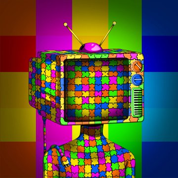 A vibrant, retro-futuristic robot with a TV-shaped head is covered entirely in a colorful, pixelated puzzle-piece pattern, set against a multicolored blocky background. The image visually represents the digital "Tamashi" (spirit/soul) NFT character being celebrated in the post for an OTC (over-the-counter) sale transaction between members of the Sui blockchain robot community.