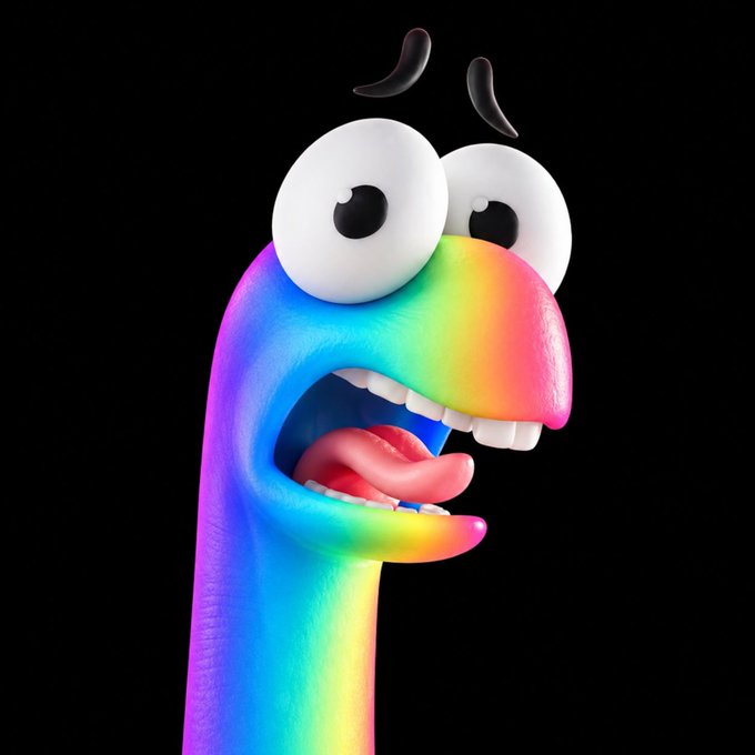 A 3D-rendered, colorful rainbow-striped cartoon character with large white eyes, an open mouth, and sweat droplets floating above its head against a black background.