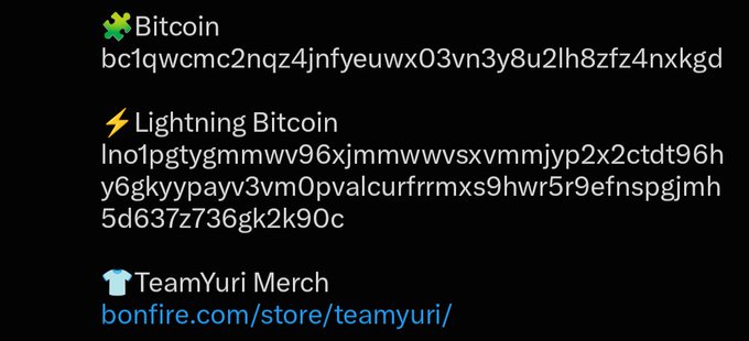 The image shows donation information for TeamYuri, a Ukrainian military charity, displaying a Bitcoin address (bc1qwcmc2nqz4jnfyeuwx03vn3y8u2lh8zfz4nxkgd), a Lightning Bitcoin address (bolt12), and a link to their merch store at bonfire.com/store/teamyuri/. This relates to the post by showcasing the specific crypto payment methods the charity accepts for donations supporting sniper ammunition and weapons purchases.