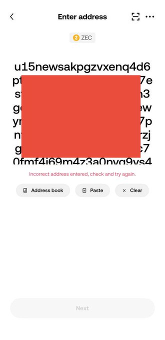 A mobile app screenshot showing a cryptocurrency address entry for ZEC (Zcash), displaying an 'Incorrect address entered, check and try again' error message in red.