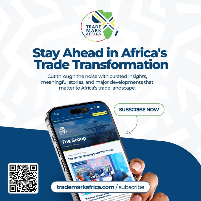 A promotional advertisement for 'Trade Mark Africa' with the text 'Stay Ahead in Africa's Trade Transformation' and a call to 'SUBSCRIBE NOW' at trademarkafrica.com/subscribe, featuring a QR code and a hand holding a phone.