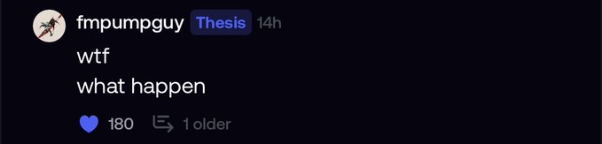 A Discord message from user "fmpumpguy" with a "Thesis" role reads "wtf what happen" with 180 reactions and 1 older reply, expressing shock likely tied to the context of a $99 opportunity versus a $1 FOMO fee mentioned in the accompanying post.