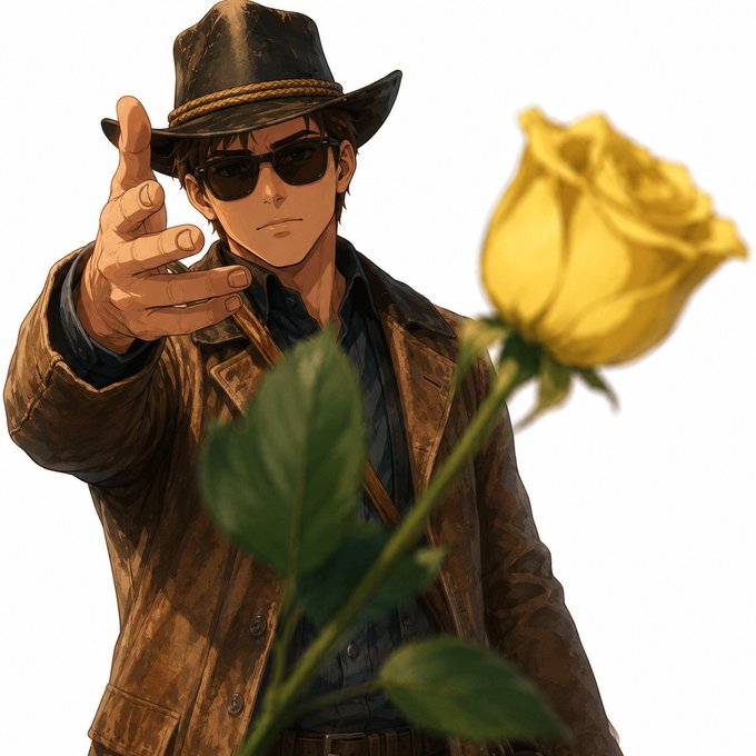 An anime-style illustration of a man in a brown coat, hat, and sunglasses reaching out, with a large yellow rose in the foreground.
